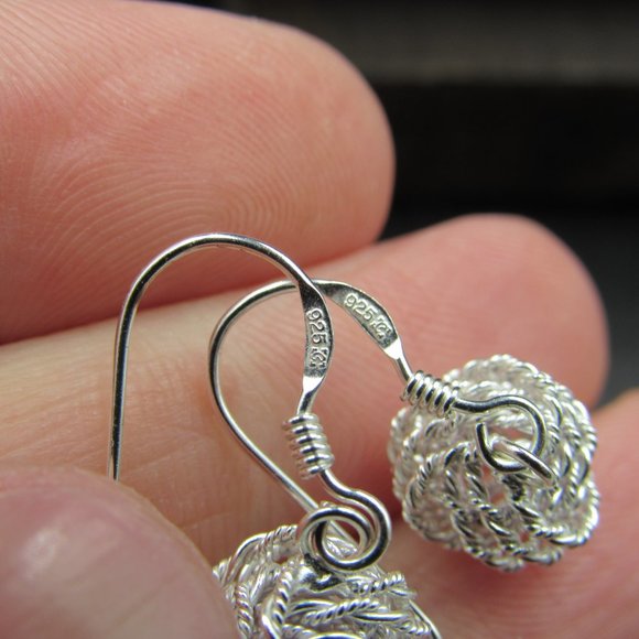 Sterling Silver Bright Braided Orb Dangle Earrings Vintage - Picture 4 of 6